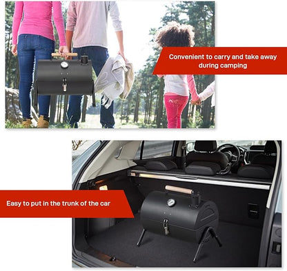 Portable Charcoal Grill, Tabletop Outdoor BBQ Smoker with Chimney, Built-in Thermometer & Wooden Handle, Foldable Camping Grill for Outdoor Cooking Camping,Picnics,Backyard, Black (42 * 30 * 36cm)