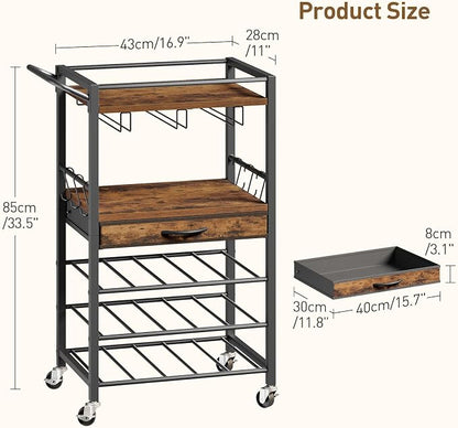 3-Tier Bar Cart with Drawer, Home Bar Serving Cart with Glass Holder and Handle, Rolling Mini Liquor Bar for Wine Beverage Dinner Party, Drink Cart for Home Kitchen Bars, Rustic Brown 8001TCBF