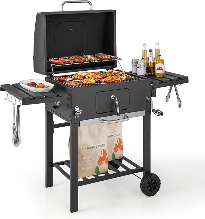 Giantex 24-Inch Charcoal Grill - 2 Foldable Side Tables, Bottom Storage Shelf, 8 Hooks, Adjustable Charcoal Tray, Pull-out Ash Tray, Outdoor BBQ Grill for Family Gatherings Backyard Party Camping