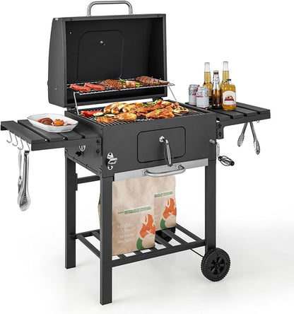 Giantex 24-Inch Charcoal Grill - 2 Foldable Side Tables, Bottom Storage Shelf, 8 Hooks, Adjustable Charcoal Tray, Pull-out Ash Tray, Outdoor BBQ Grill for Family Gatherings Backyard Party Camping