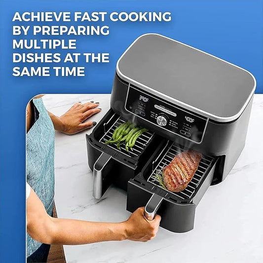 Air Fryer Double Layer Rack,Dual Air Fryer Accessories 304 Stainless Steel Skewer，Suitable 8-10 QT Air Duble Fryer,sutieable Air Fryer 4QT Above,Stackable Mesh Pan,Barbecue,(Grill with Skewer)