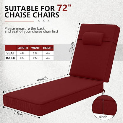 72 x 21 x 4 Inch Olefin Chaise Lounge Cushions, Lounge Chair Cushions with Headrest for Outdoor Furniture - Weather and Fade Resistant Patio Replacement Furniture Lounge Chair Cushion