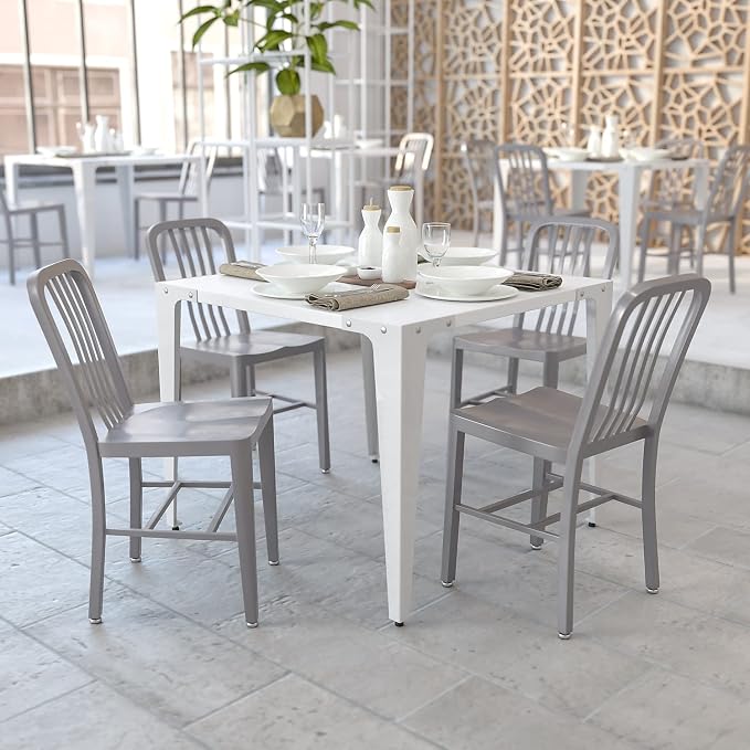 Flash Furniture Gael Indoor/Outdoor Modern Metal Dining Chairs, Commercial-Grade Galvanized Steel Restaurant Chairs, Set of 2, Silver