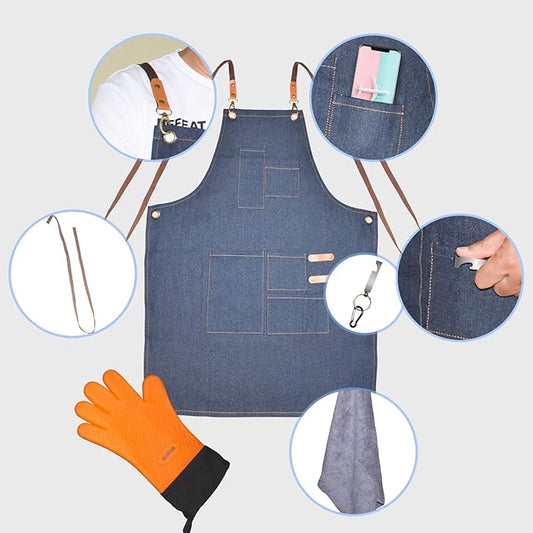 Grilling Apron Set Include 1 BBQ Glove, 1 Bottle Opener, 1 Towel and 1 Denim Apron for Chef Kitchen BBQ Grill, Nice Fathers Day or Dad Birthdays Gifts