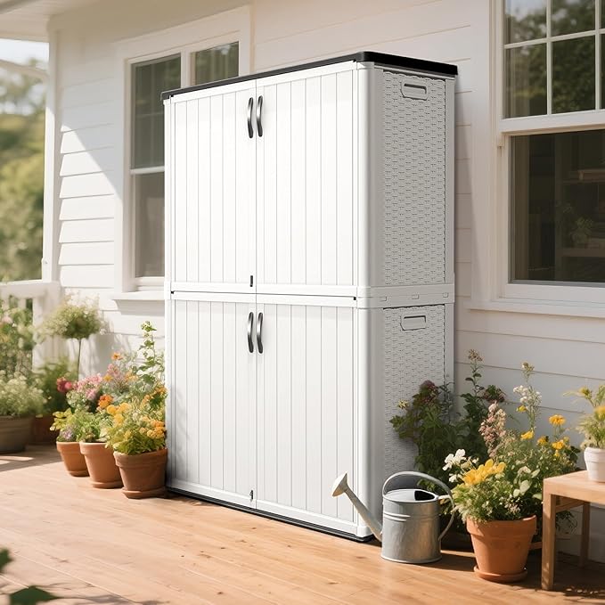 Greesum Outdoor Storage Cabinet Without Shelves, 45 cu.ft Outdoor Waterproof Storage Shed for Garden Tools, Pool Storage, Garbage Cans, White