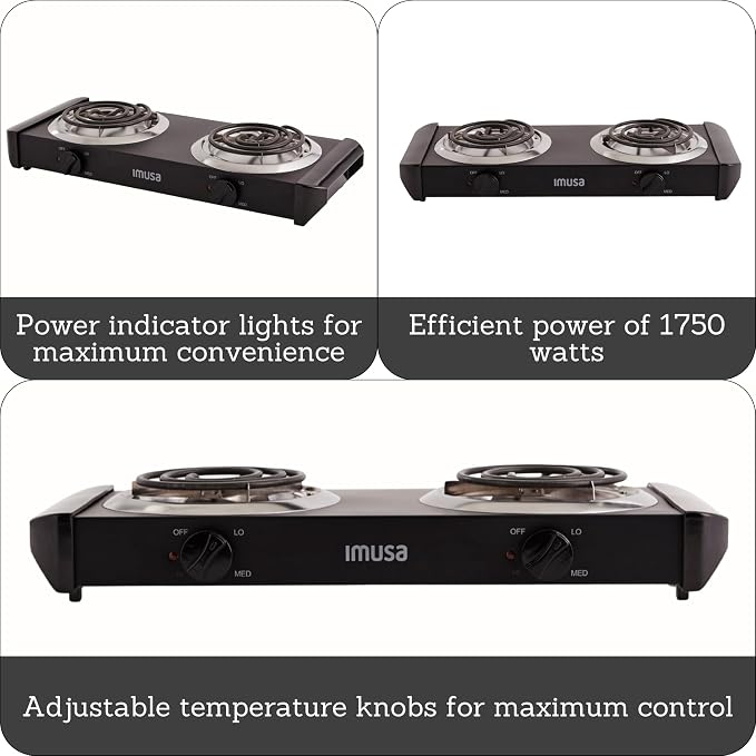 IMUSA USA GAU-80306 Electric Double Burner 1750-Watts , Black | Ideal for Cooking Outdoors or in the Office