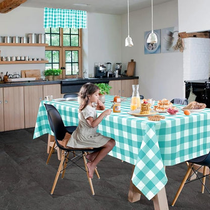 Hiasan Checkered Tablecloth Rectangle, 70 x 140 Inch - Waterproof and Wrinkle Resistant Table Cloth for Picnic, Dinner and Party, Washable Polyester Fabric, Aqua and White Gingham Pattern