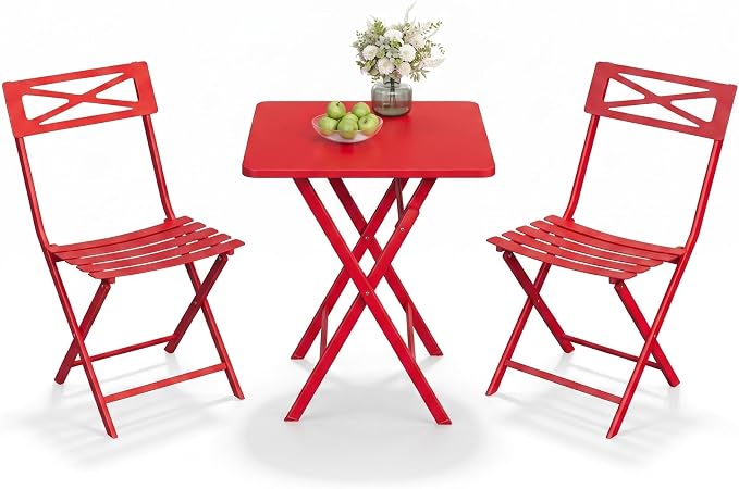 Garvee 3PCS Bistro Set, Folding Patio Furniture Set w/ 2 Chairs,Solid Steel | Foldable space-saving bistro set, fully pre-assembled for instant use. Powder-coated weatherproof steel frame. Easy-clean