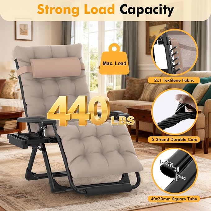 Slendor Oversized Zero Gravity Chairs XL, 29in Padded Recliner Chair, Beige | Reclining Lounge Chair, Folding Anti Gravity Chairs w/Aluminum Alloy Lock,Headrest,Cup Holder, Support 440lbs,for Lawn Patio