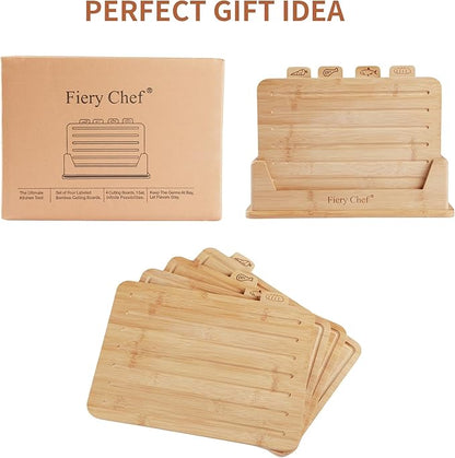 Fiery Chef 12.6"L x 9"W Bamboo Cutting Board Set of 4 - Wood Cutting Board Set with Holder, Chopping Boards Set with Food Icons, Juice Groove - Ideal for Meat, Fish, Bread, Vegetable, Fruit Chopping