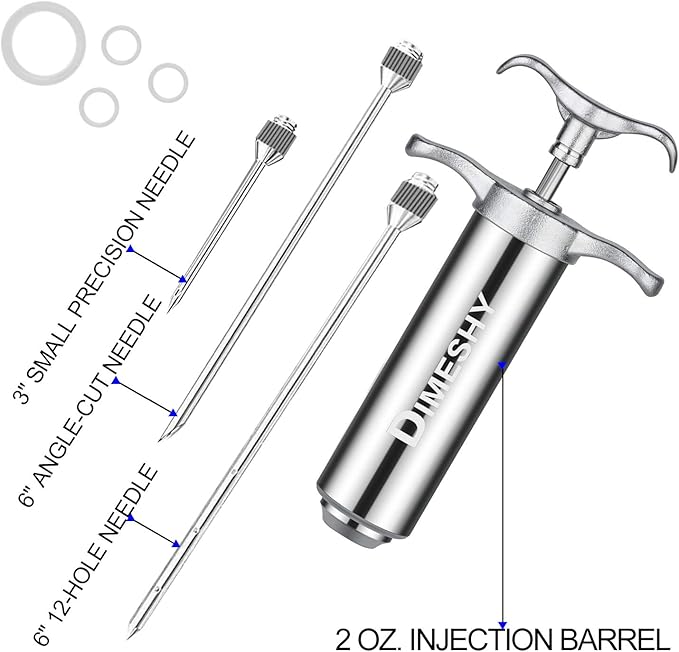 Heavy duty 304 Stainless Steel Meat Injector Kit with 2-oz Large Capacity Barrel with 3 commercial Marinade Needles