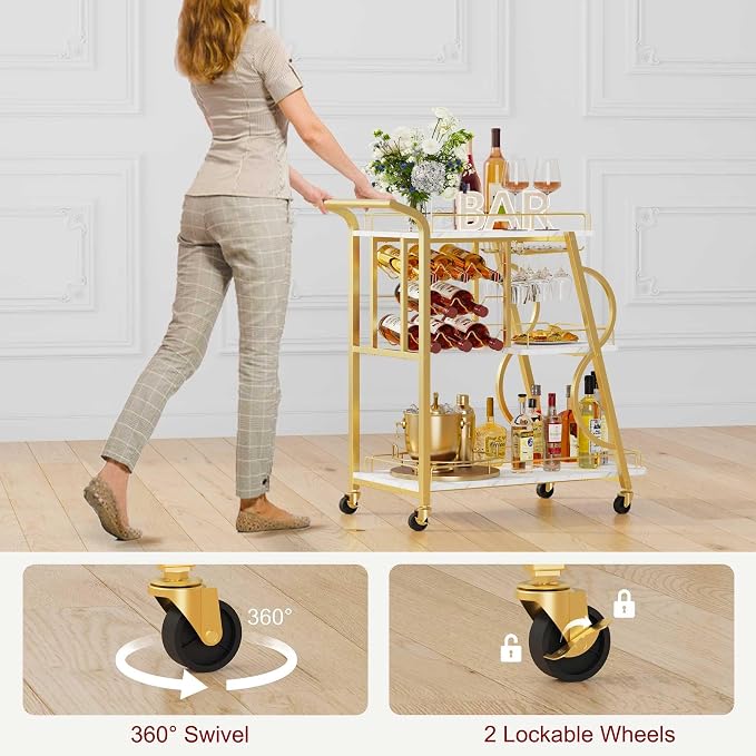 Bar Cart, Gold Bar Carts for The Home, Serving Cart with Wine Glass Holder, 3-Tier Drink Carts with Wheels, Rolling Beverage Trolley for Kitchen, Dining, Living Room (Gold & Marbleized White)