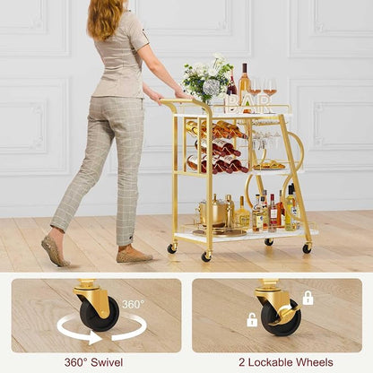Bar Cart, Gold Bar Carts for The Home, Serving Cart with Wine Glass Holder, 3-Tier Drink Carts with Wheels, Rolling Beverage Trolley for Kitchen, Dining, Living Room (Gold & Marbleized White)