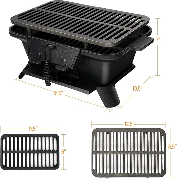ORALNER Cast Iron Hibachi Grill, Portable Tabletop Grill with Double-Sided Grill Net, 2 Heights, Air Control & Coal Door, Small Outdoor BBQ Charcoal Grills, for Camping, Picnic
