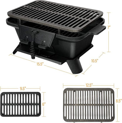 ORALNER Cast Iron Hibachi Grill, Portable Tabletop Grill with Double-Sided Grill Net, 2 Heights, Air Control & Coal Door, Small Outdoor BBQ Charcoal Grills, for Camping, Picnic