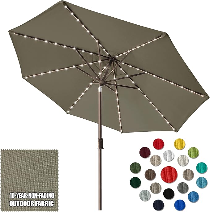 Eurmax USA 10-Year-Non-Fading 10FT Outdoor Patio Market Umbrella with LED Lights,UPF50+ UV Resistant,Heavy Duty Commercial Grade,Crank Lift&Tilt,Windproof Vented Top for Garden,Pool,Deck,Taupe