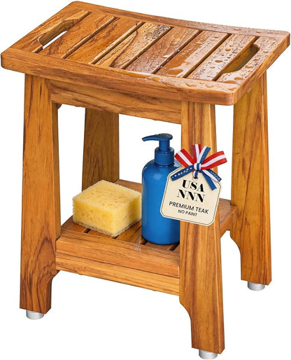 NNN 14" Compact Teak Shower Stool with Japan-Made Non-Slip Leveling Feet | US Patented Design, Marine-Grade Hardware, Pre-Oiled European Teak Oil, Ready, 300lb, for Small Baths Tubs & Outdoor Pools