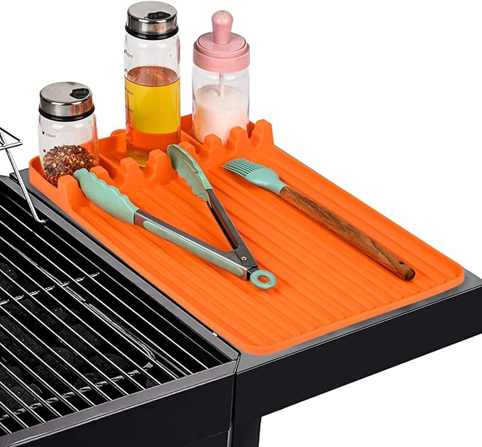 Silicone Griddle Tool Mat, Griddle Accessories, Side Shelf Spatula Mat with Drip Pad, BBQ Tool Holder, Utensil Rest for Kitchen Counter, Blackstone Large Silicone Caddy, Blackstone Organizer (Orange)