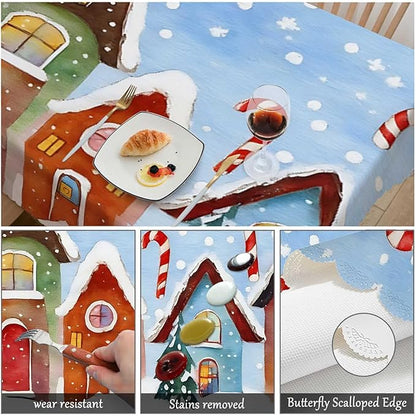Swono Christmas House Table Cloth Winter Village Snow Xmas Candy Cane Colorful Rectangle Tablecloth Picnic Tablecloth BBQ Table Cloths Polyester for Kitchen 50x72 Inch