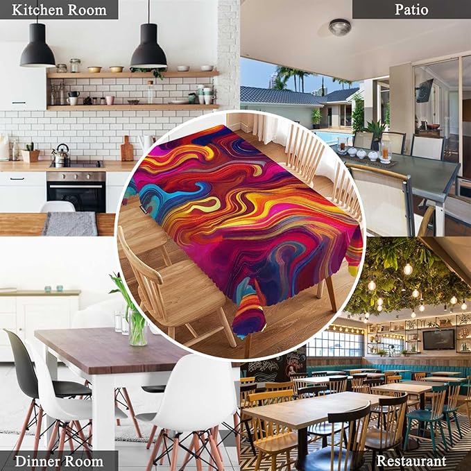 Swono Chaotic Waves Table Cloth Rectangle Tables Abstract African Rainbow Chaotic Wave Pattern Kitchen Table Cover Oblong 52"X70" Tablecloth for Dining Table Buffet Parties Patio Camping