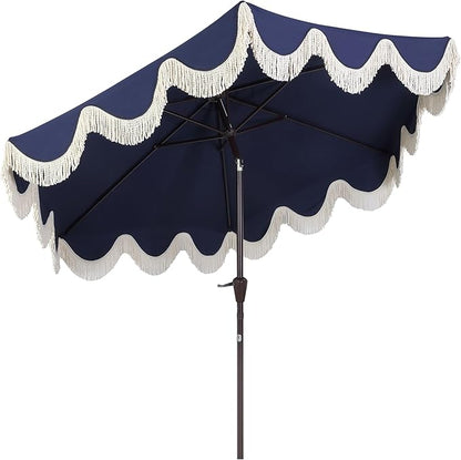 JONATHAN Y UMB1001 Collins 9 ft. Classic Cottage Tassel Market Patio Umbrella with Auto-Tilt, Crank, Wind Vent and UV Protection
