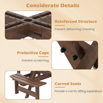 Giantex 8-Person Round Picnic Table Set with 4 Benches, 550 LBS Bench Capacity, 2" Umbrella Hole, Circular Outdoor Wood Dining Table & Chairs for Patio Yard Garden Porch Deck (71”x71”x28”,Brown)