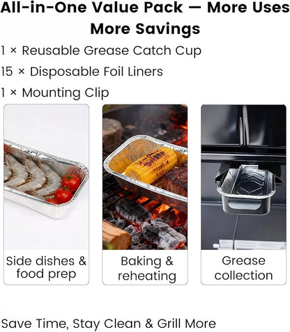 Grease Catch Pan Kit for CharBroil Performance 463331221/463365021/463448021/More Gas Grill with 9328812P06 15Pack Aluminum Liners, Drip Cup Replacement for CharBroil G416-0015-W1