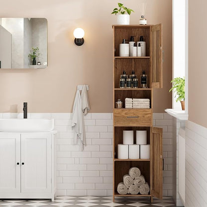 Homhedy 67" H Tall Bathroom Storage Cabinet with Barn Doors and Drawer | Narrow Storage Unit with Adjustable Shelves, Floor Cabinet for Bathroom, Living Room, Entryway,Kitchen,Rustic Walnut, 15.7" W