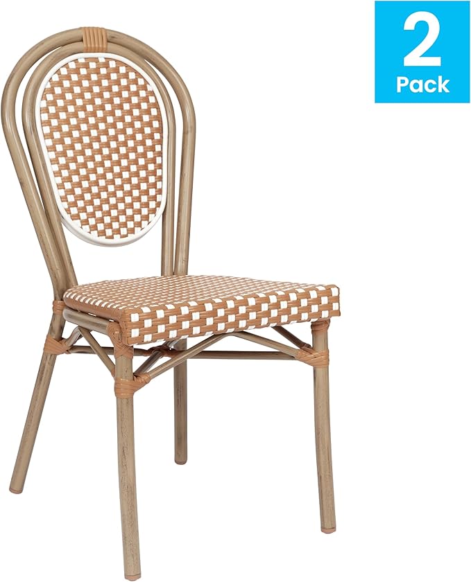 Flash Furniture Lourdes Indoor/Outdoor Commercial Thonet French Bistro Stack Chair - NAT/White PE Rattan Back and Seat - Light Natural Bamboo Print Metal Frame - 2 PK
