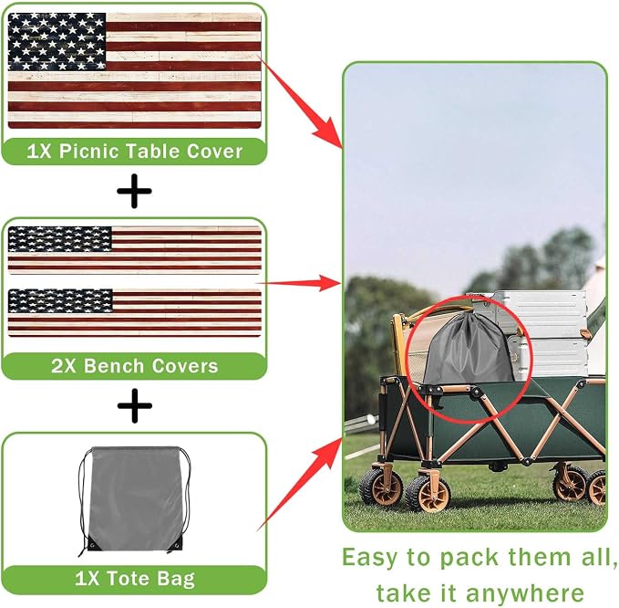JAWO Fitted Picnic Table and Bench Cover, Vintage American Flag Pledge of Allegiance Print Waterproof Elastic Picnic Tablecloth for Outdoor Patio Camping Backyard Park, 30X96inch