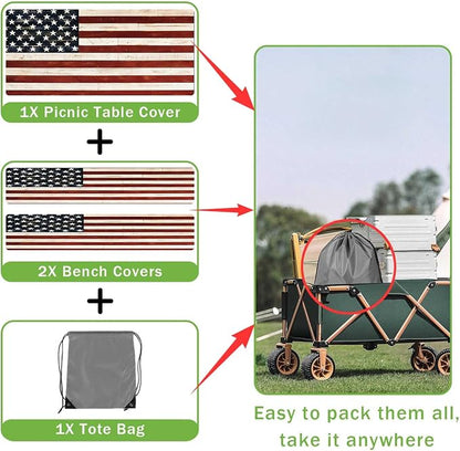 JAWO Fitted Picnic Table and Bench Cover, Vintage American Flag Pledge of Allegiance Print Waterproof Elastic Picnic Tablecloth for Outdoor Patio Camping Backyard Park, 30X60inch
