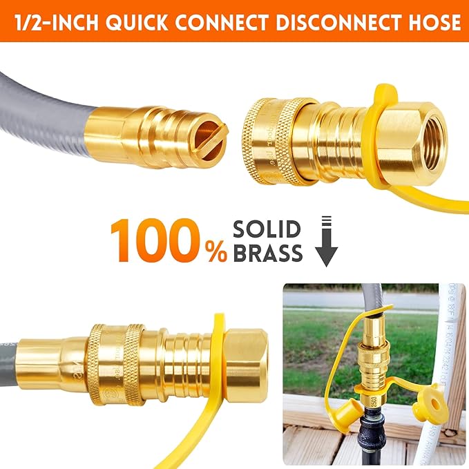 GasSaf 8 FT 1/2" ID Natural Gas Grill Hose with Quick Connect Fitting, Natural Gas Conversion Kit Suitable for Gas Grill, Generator, Patio Heater and More (with Sealing Tape)