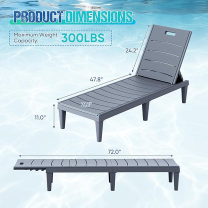 Greesum 4-Pack Adjustable Chaise Loungers, Gray | 5-Pos Recline, Waterproof PP, UV/Fade-Resist, Stackable, Easy-Clean, Patio/Pool/Beach, Tool-Free