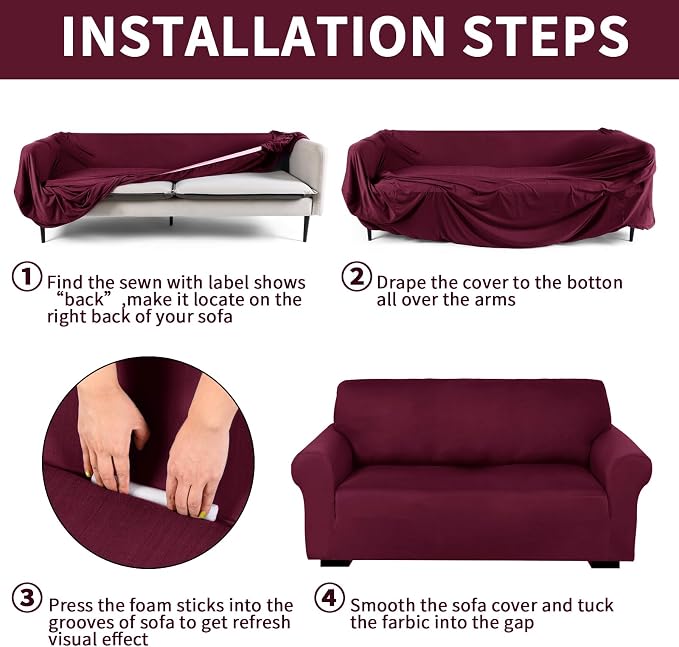 Peryiter 3 Pcs Couch and Loveseat Sofa Covers,Burgundy,Milk Silk | Armchair Covers for Living Room, Sofa Cushion Slipcover, Furniture Protector, Polyester and Spandex, Washable
