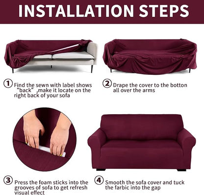 Peryiter 3 Pcs Couch and Loveseat Sofa Covers,Burgundy,Milk Silk | Armchair Covers for Living Room, Sofa Cushion Slipcover, Furniture Protector, Polyester and Spandex, Washable