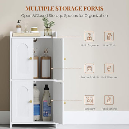 HEXCELEN Small Bathroom Storage Cabinet, Mediterranean, White | 4 Doors, Floor Bathroom Organizer, Freestanding for Small Spaces, Living Room, Kitchen, Entryway