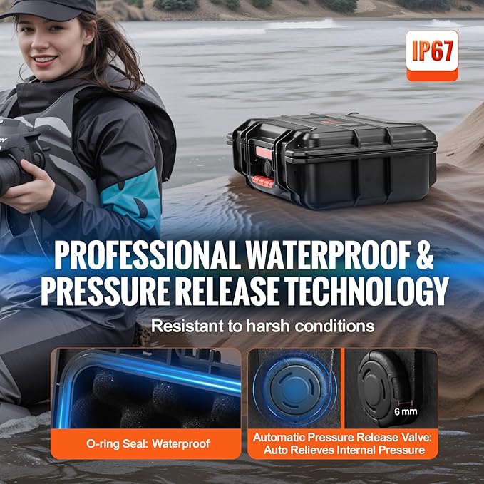 VEVOR Weatherproof Hard Case, Heavy Duty Protective Dry Box with Pre-cut Foam, Retractable Pull Handles for Travel, Hunting, Military, Tactical, IP67 Waterproof Case for Cameras(14.96x11.81x5.51)