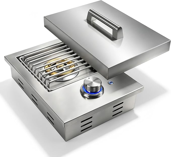 Built-In Single Side Burner for Outdoor Grill with Cover, LED Control Knob | Heavy-Duty 304 Stainless Steel Drop-In Side Burner, 17,500 BTU Natural Gas & Propane Burner for BBQ Island Outdoor Kitchen