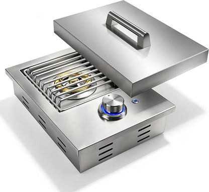 Built-In Single Side Burner for Outdoor Grill with Cover, LED Control Knob | Heavy-Duty 304 Stainless Steel Drop-In Side Burner, 17,500 BTU Natural Gas & Propane Burner for BBQ Island Outdoor Kitchen