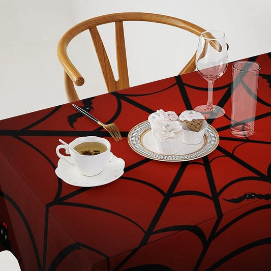 Spider Web Tablecloth, Black Spider Web Bat Red Water Resistant Wipeable Table Cover for Picnic Party Holiday Kitchen Dinner Table 55"x55"