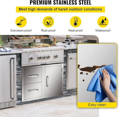 VEVOR Outdoor Kitchen Door Drawer Combo, 32.5" W x 21.6" H x 20.5" D, Access Door/Double Drawers with Paper Towel Rack, Stainless Steel Handles for BBQ Islands