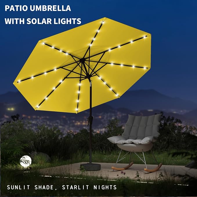9FT Patio Umbrella with Solar Lights,Outdoor Market Umbrella with Tilt and Crank, LED Lighted Table Umbrella for Garden,Deck,Backyard,Pool,Beach (Yellow)