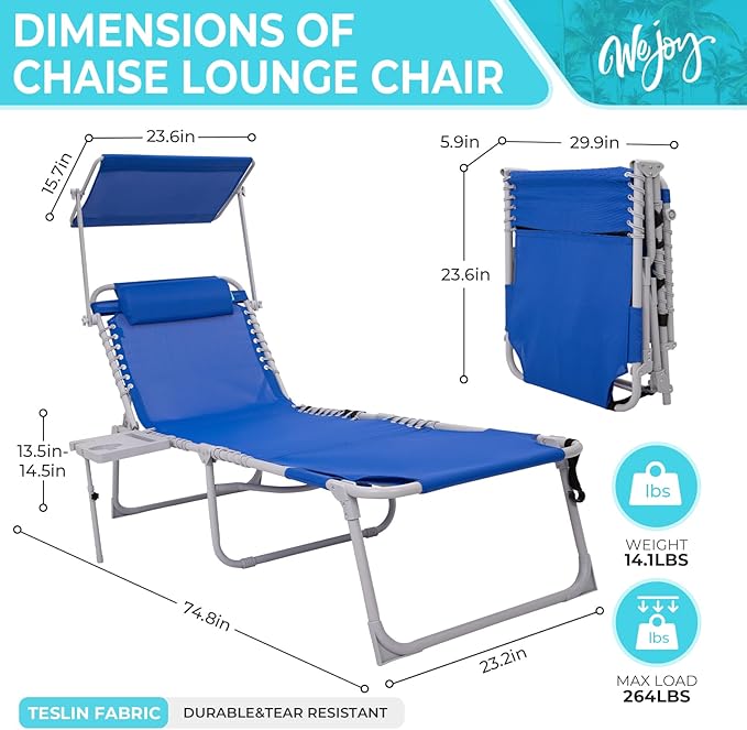 #WEJOY Tanning Chair with Face Hole & Canopy & Side Table, 5 Positions Adjustable Sunbathing Lounge Chair Facedown Chaise Lounge with Pillow Quick Dry for Beach Pool Outdoor Camping Patio,Darkblue