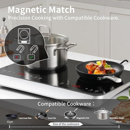 COOKTRON Double Induction Cooktop Burner with Fast Warm-Up Mode, 1800w 2 Burner with 10 Temperature 9 Power Settings, Portable Dual Induction Cooker Cooktop with Child Safety Lock & Time
