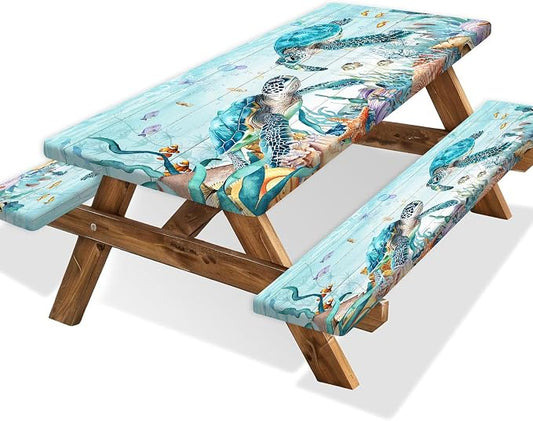 Ocean Sea Turtles Picnic Table Cover with Bench Covers and Bag, Camping Essentials, Waterproof Windproof, Fitted Tablecloth Cover with Elastic Edge, for Indoor & Outdoor, Garden, 3 PCS, 30x96 Inch