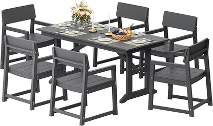 Shintenchi 7 Pieces Outdoor Dining Set,HDPE Outdoor Table and Chairs Set for 6,All Weather Patio Furniture Sets with Umbrella Hole,Modern Wooden Textured Dining Sets for Backyard,Garden,Dark Grey