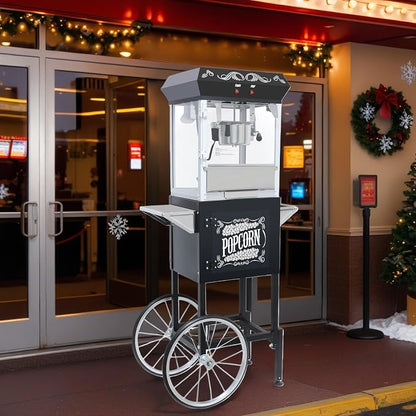 Popcorn Machine with Cart, Popcorn Popper with 8 Oz Kettle Makes Up to 32 Cups, Nostalgia Professional Cart with Warming Deck and Old Maids Drawer, Movie Night Supplies for Home, Black