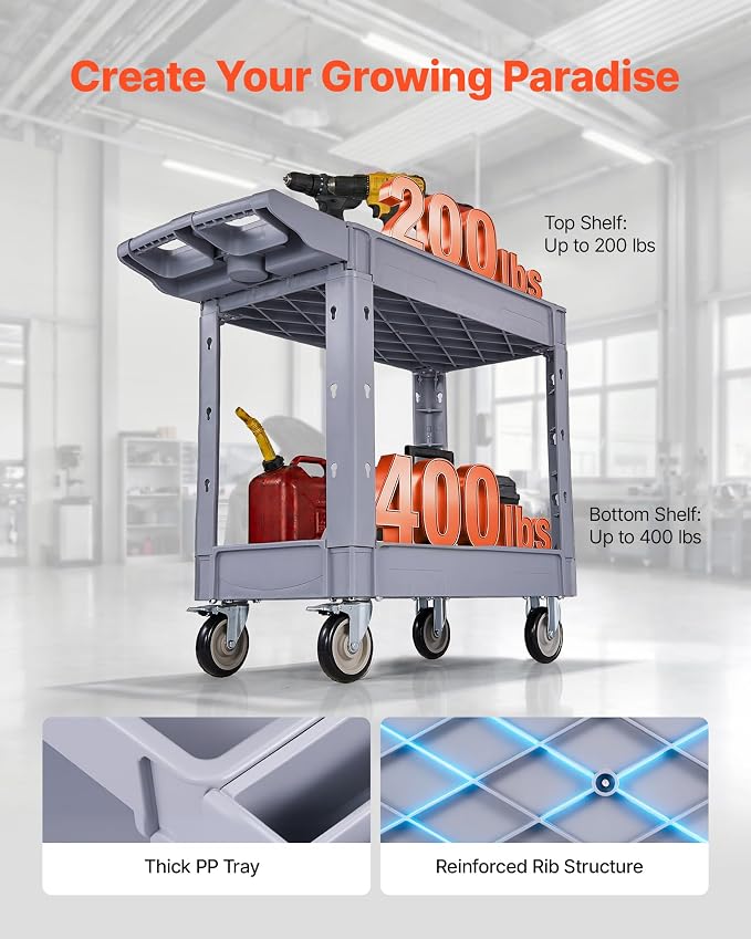 VEVOR Utility Cart, 550 lbs Capacity, 2 Tier Service Cart with 360° Swivel & Fixed Wheels (2 with Brakes), Heavy Duty Plastic Rolling with Storage Tray, Tool Storage for Garage Warehouse Workshop