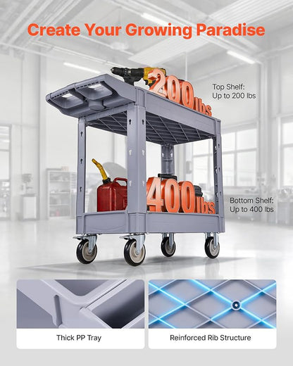 VEVOR Utility Cart, 550 lbs Capacity, 2 Tier Service Cart with 360° Swivel & Fixed Wheels (2 with Brakes), Heavy Duty Plastic Rolling with Storage Tray, Tool Storage for Garage Warehouse Workshop