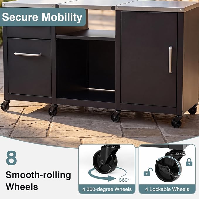 HAPPYGRILL 59” Outdoor Grill Table w/2 Removable Shelves & Storage Cabinets | Heavy-duty BBQ Prep Station w/ Stainless Steel Top, Lockable Universal Wheels, Suitable for Gas Grills & Charcoal Griddles